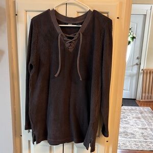 Lands' End Lace-Up Waffle Knit Top - Grey Large